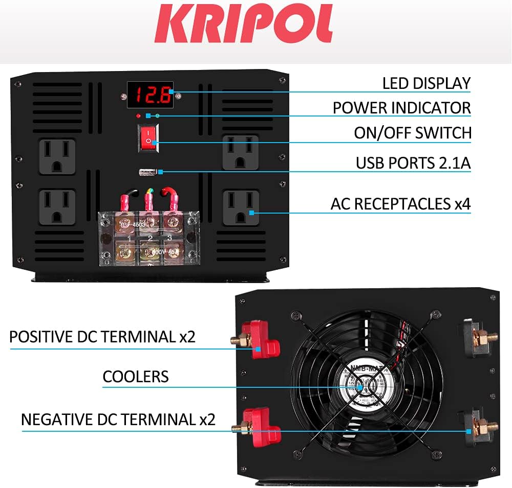 3000 Watt Pure Sine Wave Power Inverter 12V DC to 110V AC with 4 AC Outlets C75520