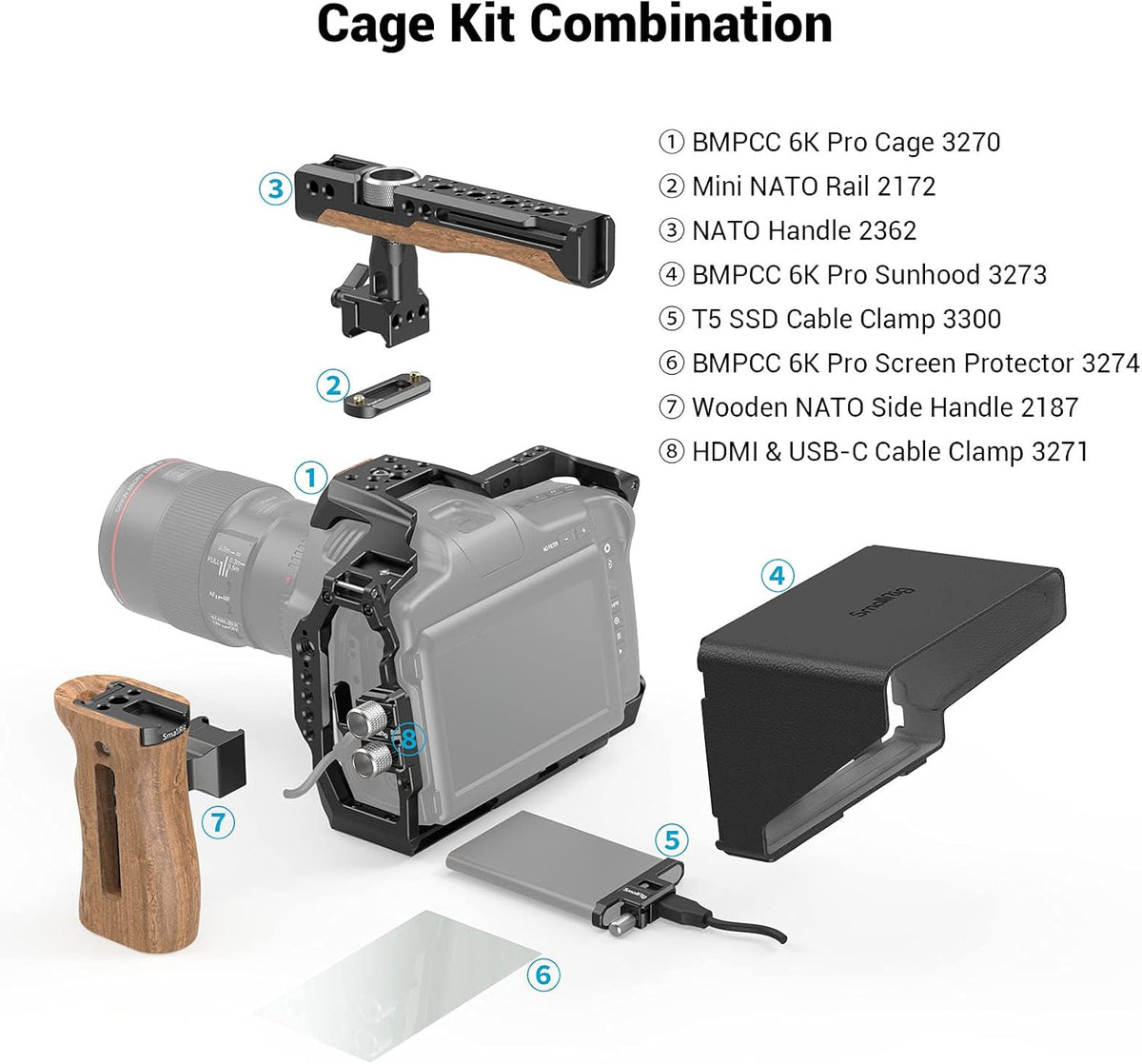 Camera Cage Accessory Kit with Top Handle Wooden Side Handle HDMI Cable Clamp SSD Clamp Sunhood NATO Rail Screen Protector H1643
