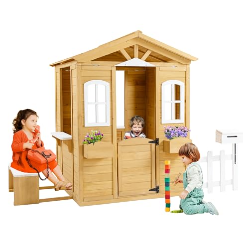 Wooden Playhouse with Window, Mailbox, Picnic Bench, Fenced, 39" x 38" x 55.5" N17992