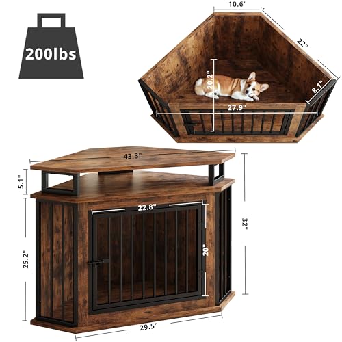 Rustic Brown Corner Wooden Dog Crate with 2-Tier Shelves O561
