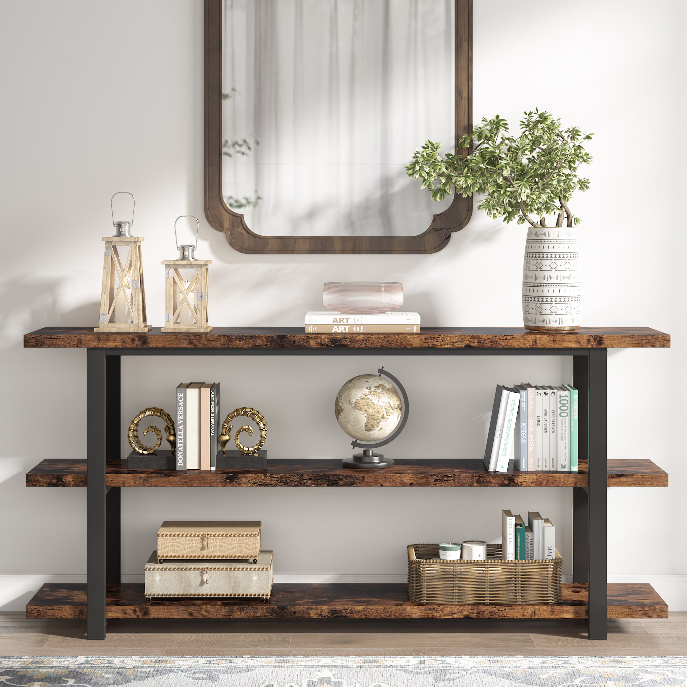 70.9 Inch Industrial Narrow Console Table with 3 Tier Storage Shelves R756058