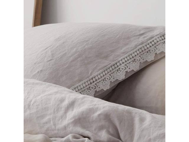 King 3pcs Pure Linen Duvet Cover Set Stone Washed Lace Border A1944