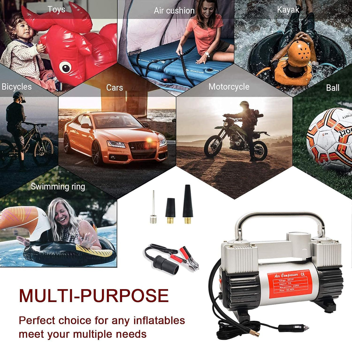 Portable Dual Cylinder 12V DC Air Compressor with 11.5ft Air Hose and Tire Repair Kit, Pack of 2 Y136702