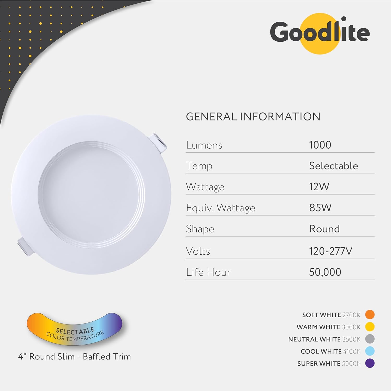 4" LED Round Recessed Ultra Slim Baffle-Trim Fixture, 12W, 1000 Lumens, Color Selectable 2700k-5000k P611
