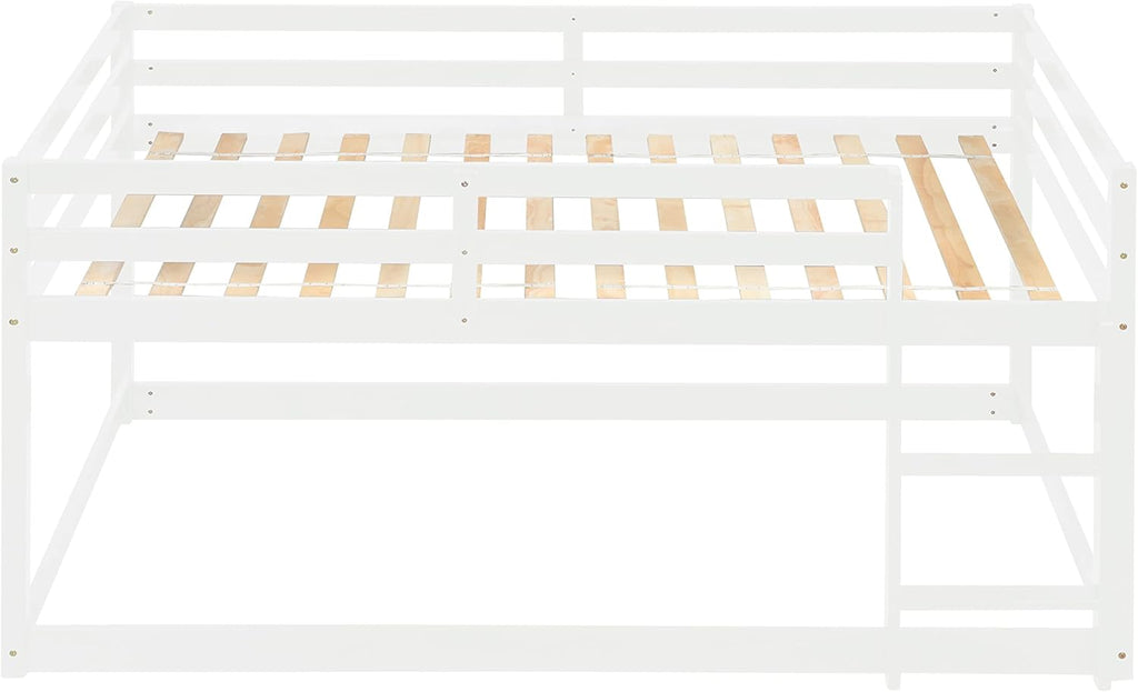 White Twin Over Twin Loft Bed Wooden Bed Frame with Safety Guardrail and Ladder I972