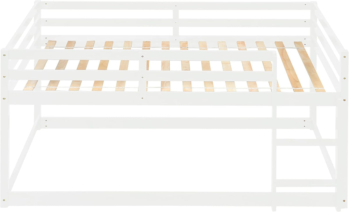 White Twin Over Twin Loft Bed Wooden Bed Frame with Safety Guardrail and Ladder I972