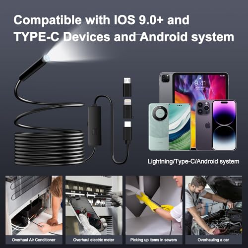 1920P HD Endoscope Camera with 8+1 Adjustable LED Lights, IP67 Waterproof 16.5FT Semi-Rigid Snake Cord B505676