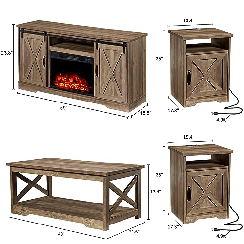 5-Piece Farmhouse Table Set with Fireplace TV Stand, Coffee Table, Two End Tables, Charging Station and USB Ports Z4646