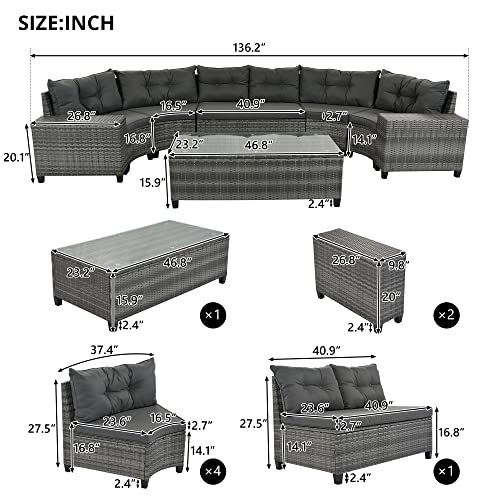 8 Piece Half Moon Sectional Patio Furniture Set with Washable Cushions and Glass Coffee Table F6626