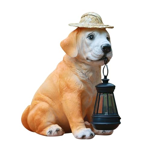 Resin Dog Statues with Straw Hat and Solar Led Lantern P543187