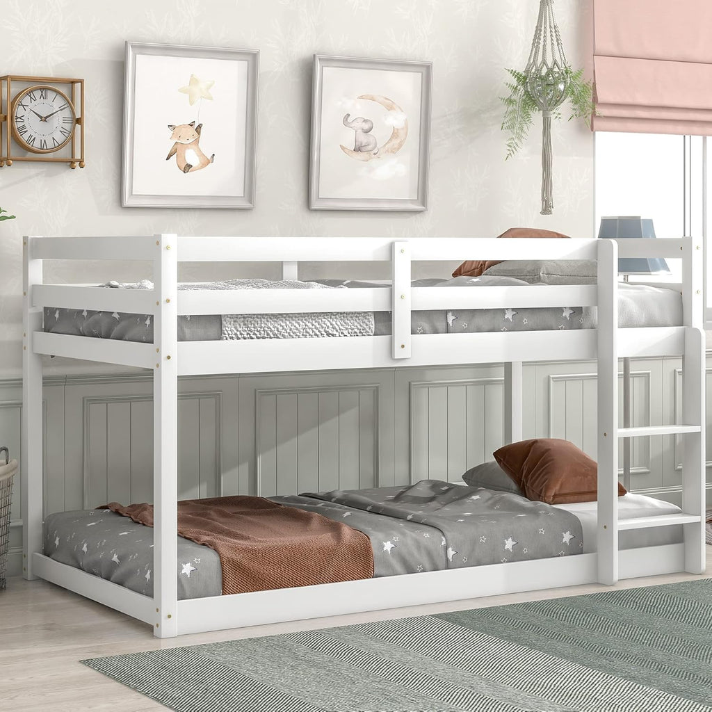 White Twin Over Twin Loft Bed Wooden Bed Frame with Safety Guardrail and Ladder I972