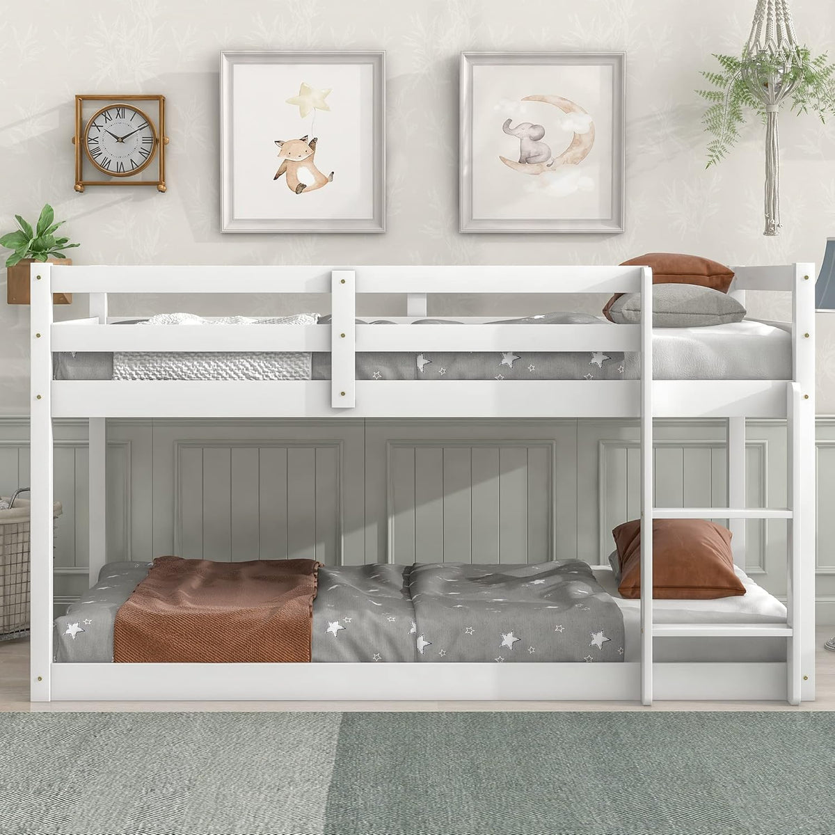 White Twin Over Twin Loft Bed Wooden Bed Frame with Safety Guardrail and Ladder I972