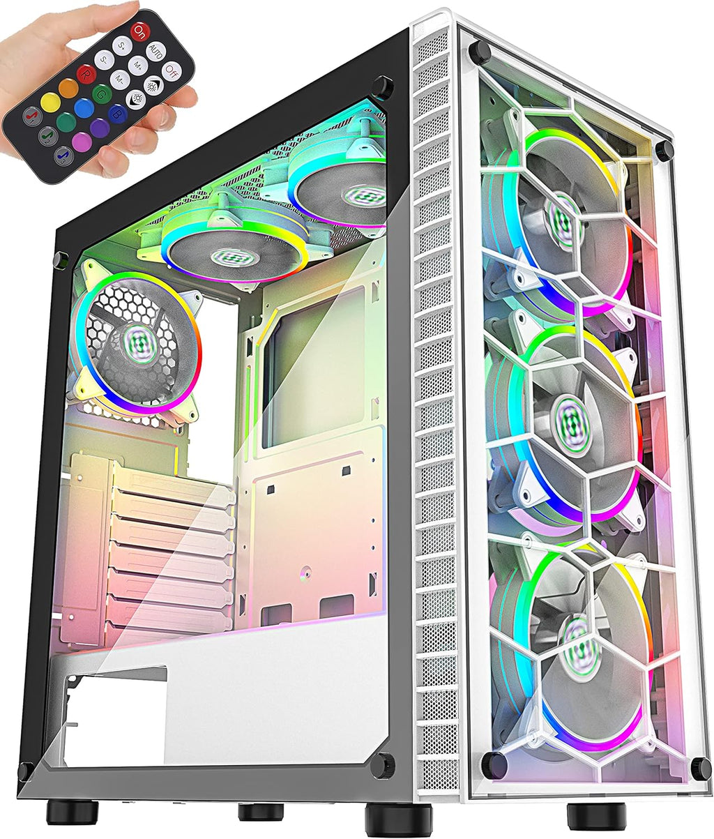 ATX Mid-Tower Computer Case with 6 Pcs ARGB Fans, USB 3.0, Tempered Glass Panels, Black S26635