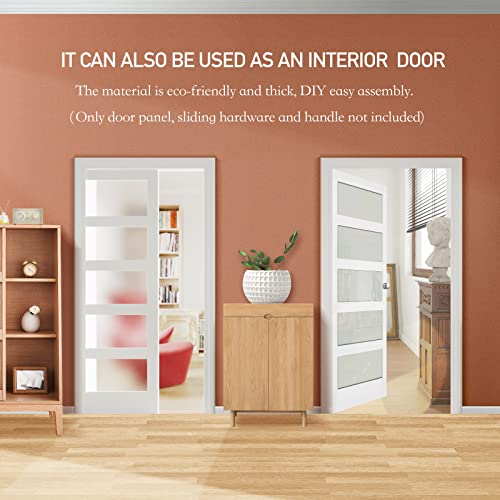 White Primed Double Sliding Pocket Door 60" x 80" with 5 Lites Tempered Frosted Glass Panels P949