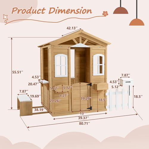 Wooden Playhouse with Window, Mailbox, Picnic Bench, Fenced, 39" x 38" x 55.5" N17992