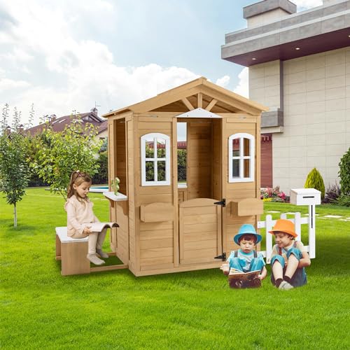 Wooden Playhouse with Window, Mailbox, Picnic Bench, Fenced, 39" x 38" x 55.5" N17992