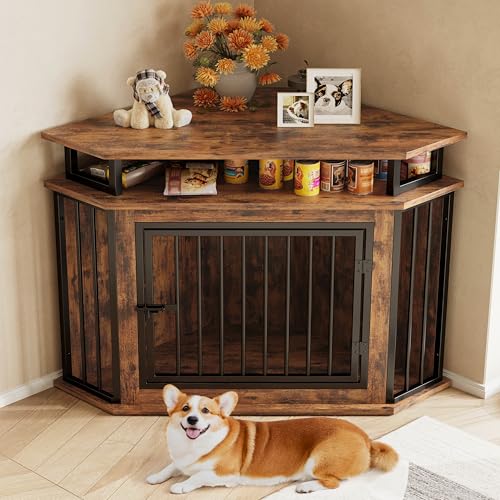 Rustic Brown Corner Wooden Dog Crate with 2-Tier Shelves O561