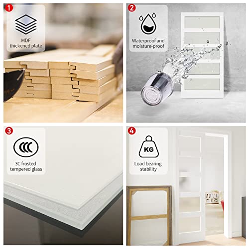 White Primed Double Sliding Pocket Door 60" x 80" with 5 Lites Tempered Frosted Glass Panels P949