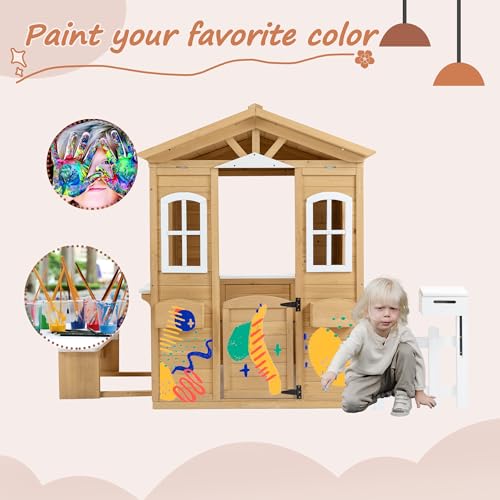 Wooden Playhouse with Window, Mailbox, Picnic Bench, Fenced, 39" x 38" x 55.5" N17992