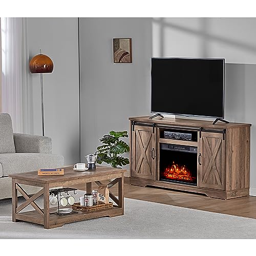5-Piece Farmhouse Table Set with Fireplace TV Stand, Coffee Table, Two End Tables, Charging Station and USB Ports Z4646