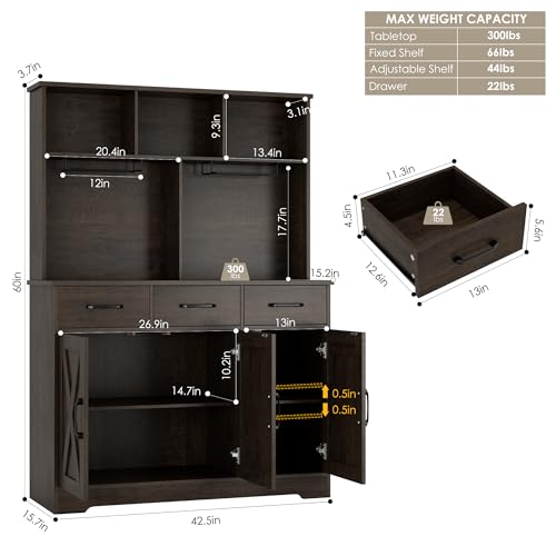 Rustic Brown Buffet Cabinet with Hutch and 3 Drawers K7081