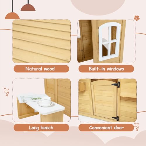 Wooden Playhouse with Window, Mailbox, Picnic Bench, Fenced, 39" x 38" x 55.5" N17992