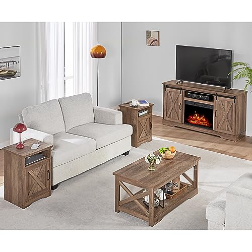 5-Piece Farmhouse Table Set with Fireplace TV Stand, Coffee Table, Two End Tables, Charging Station and USB Ports Z4646