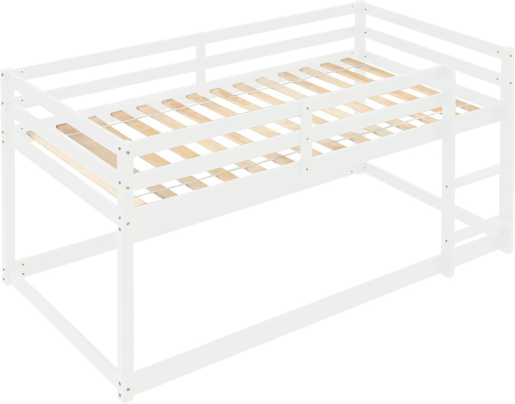 White Twin Over Twin Loft Bed Wooden Bed Frame with Safety Guardrail and Ladder I972