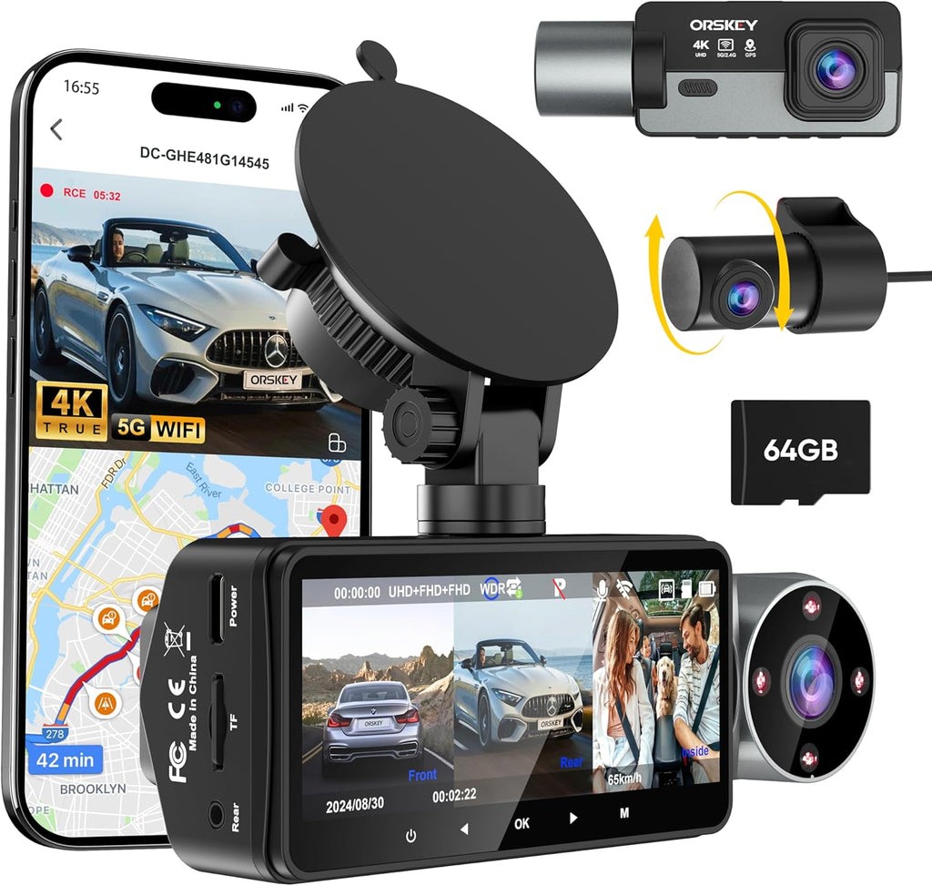 64GB Card 4K Dash Cam Front Rear Inside with GPS G82203