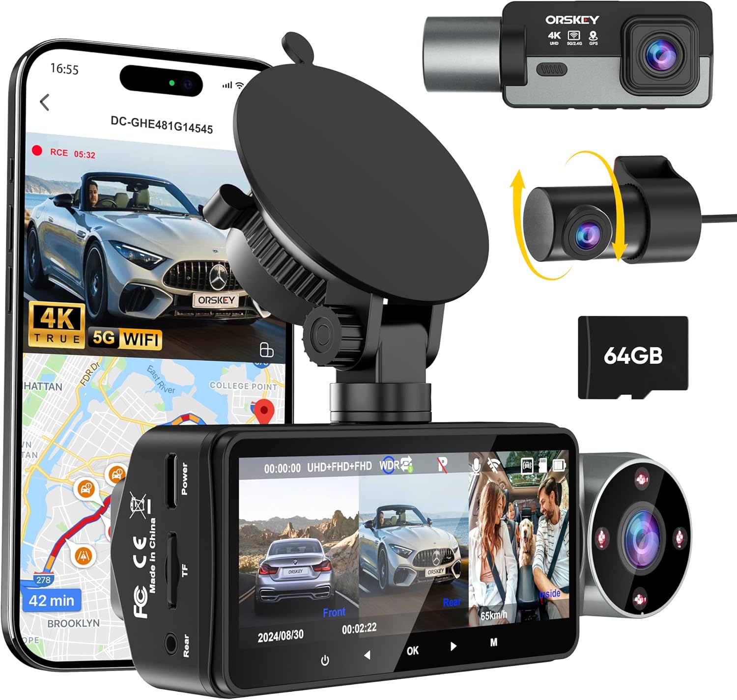 64GB Card 4K Dash Cam Front Rear Inside with GPS G82203