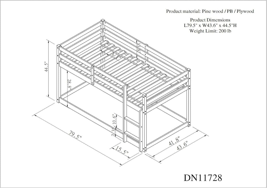 White Twin Over Twin Loft Bed Wooden Bed Frame with Safety Guardrail and Ladder I972