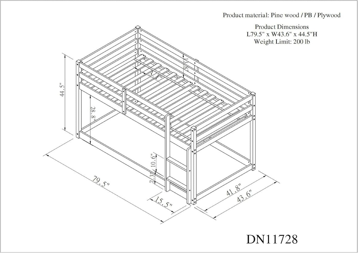 White Twin Over Twin Loft Bed Wooden Bed Frame with Safety Guardrail and Ladder I972