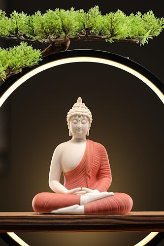 White Ceramic Buddha Statue with Green Artificial Tree and LED Circle Table Lamp, 16.5 in Q601821