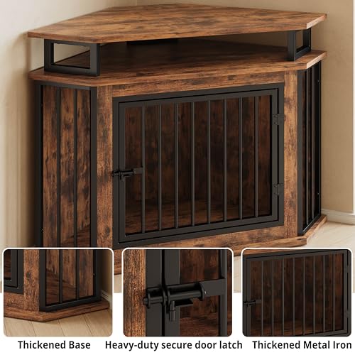 Rustic Brown Corner Wooden Dog Crate with 2-Tier Shelves O561
