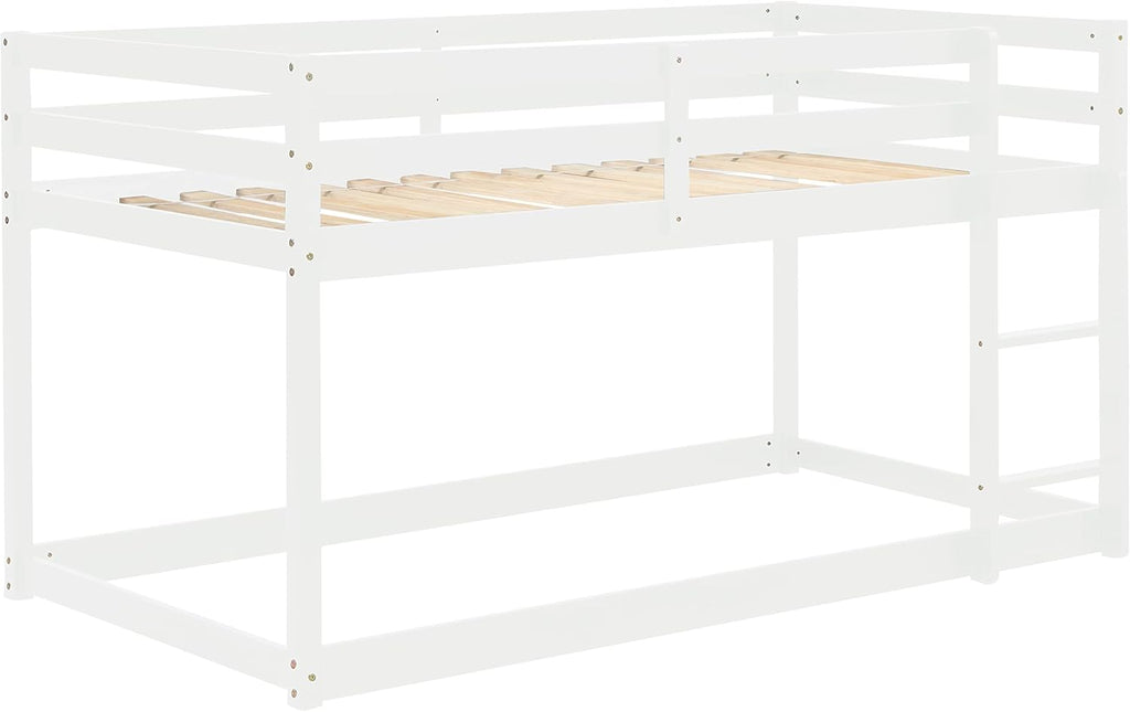 White Twin Over Twin Loft Bed Wooden Bed Frame with Safety Guardrail and Ladder I972
