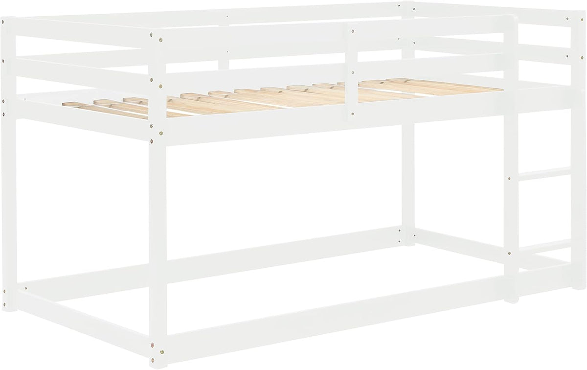 White Twin Over Twin Loft Bed Wooden Bed Frame with Safety Guardrail and Ladder I972