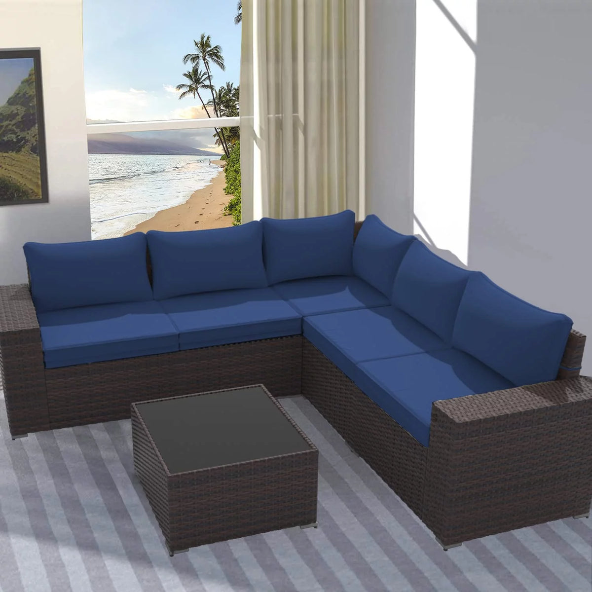 6 Pieces PE Wicker Outdoor Patio Sectional Sofa Set S11773