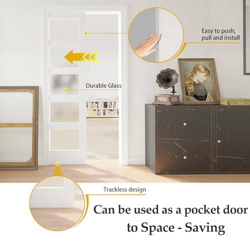 White Primed Double Sliding Pocket Door 60" x 80" with 5 Lites Tempered Frosted Glass Panels P949