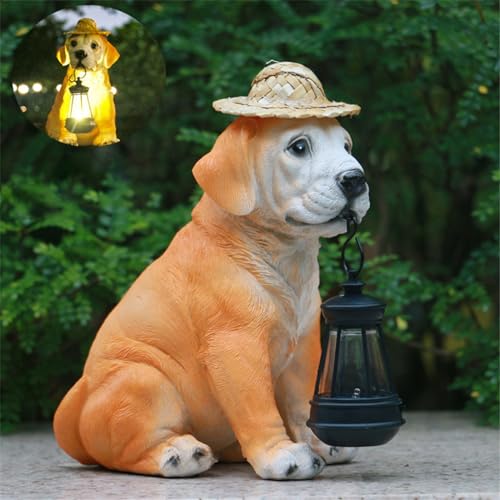 Resin Dog Statues with Straw Hat and Solar Led Lantern P543187