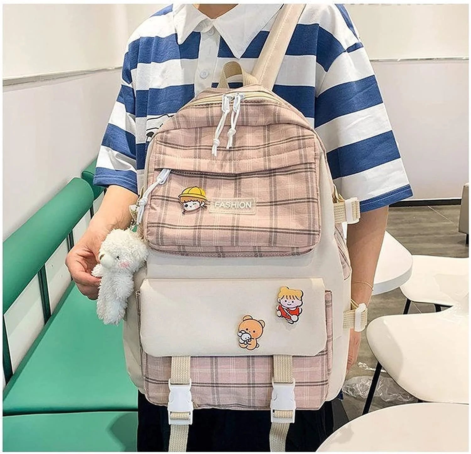 4Pcs Plaid Check Backpacks Combo Set with Bear Pendant & Pins Z9016
