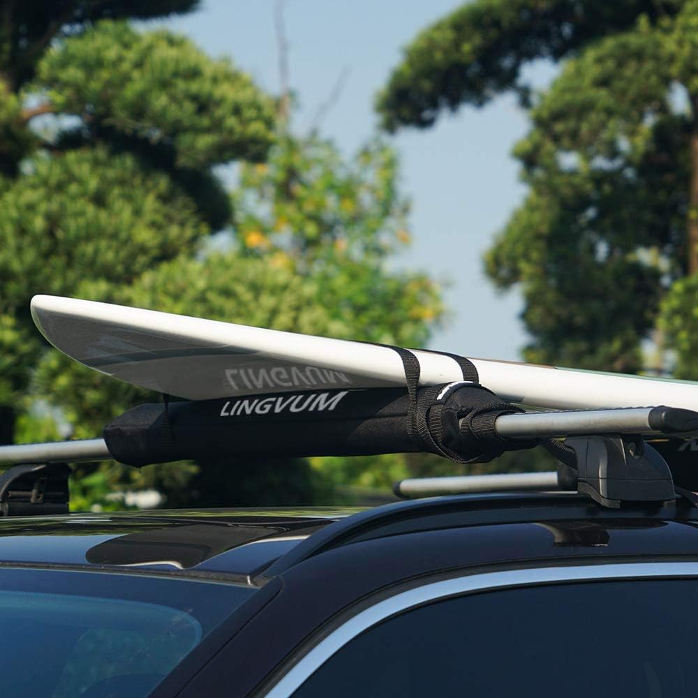 Soft Roof Rack Pads with Two 15 Ft Straps - 28” Car Carrier Racks for Kayak, Surfboard, SUP Paddleboard, Snowboard, Black Pack of 2 B33517
