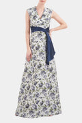 V-Neck Cap Sleeve Wrap Bodice Fit & Flare Jacquard Dress N715390