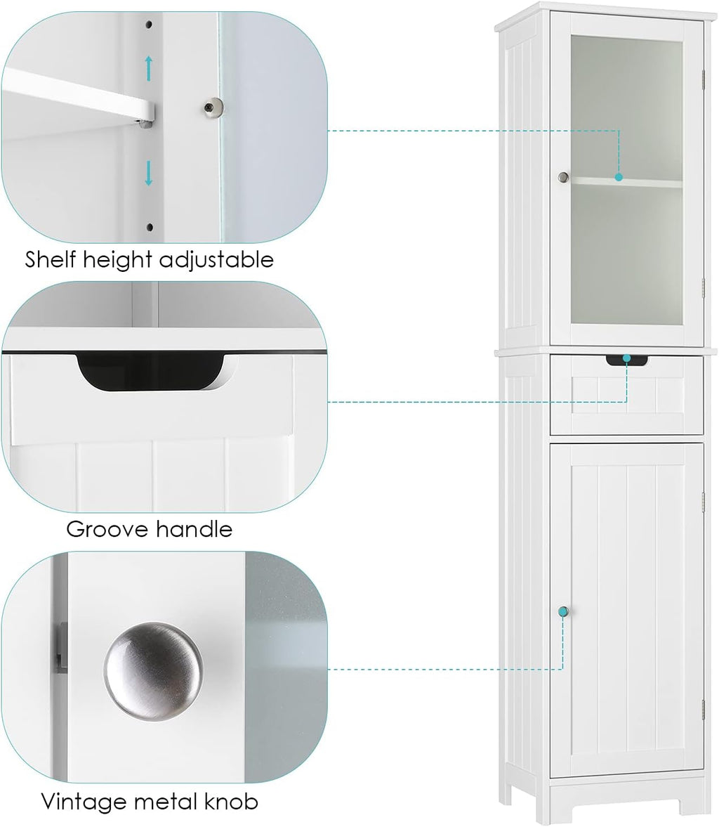White Tall Freestanding Bathroom Storage Cabinet with Door and Drawer and Adjustable Shelves P71909