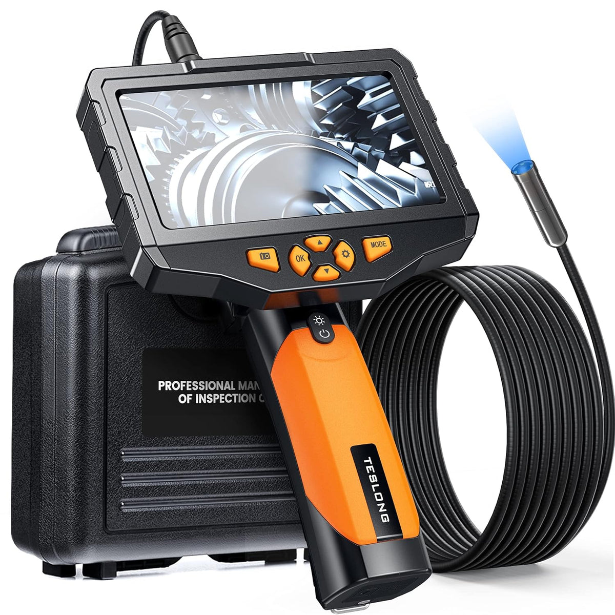 5 Megapixels Auto-Focus Inspection Camera with 5 inches IPS HD Screen, 10ft Waterproof Flexible Cable, LED Flashlight, Case, 32GB Card O32691