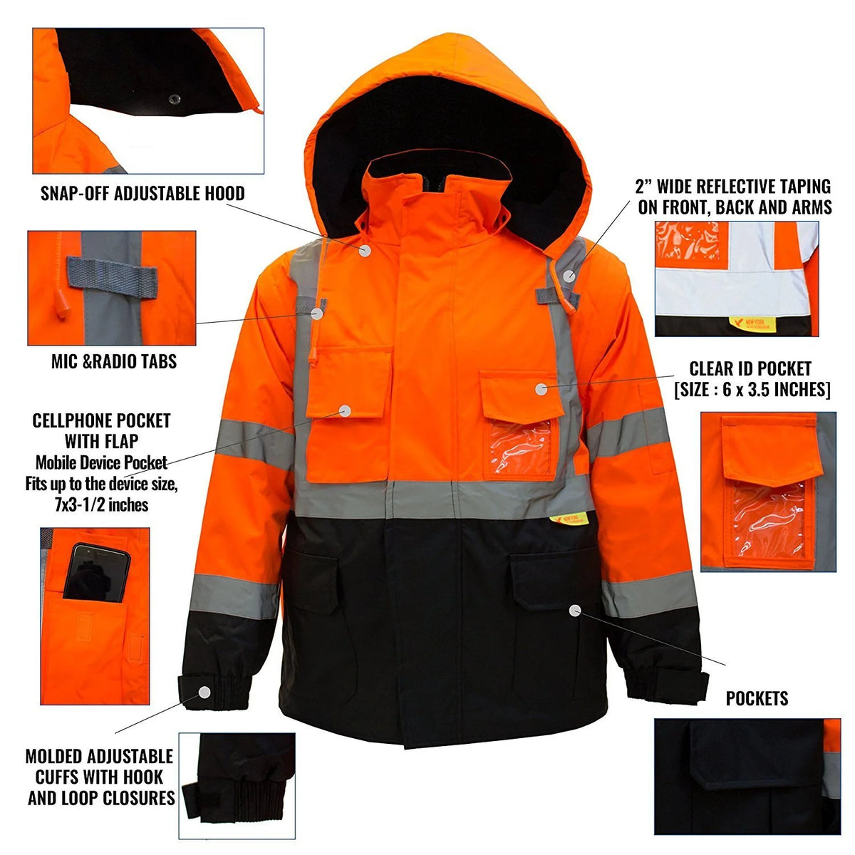 Men's High Visibility Safety Bomber Jacket With Zipper, PVC Pocket, Black Bottom, Orange R222937