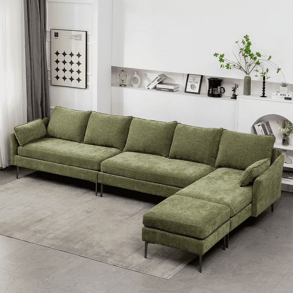 Green Chenille L Shaped Sectional Sofa with Chaise Lounge and Ottman J91345