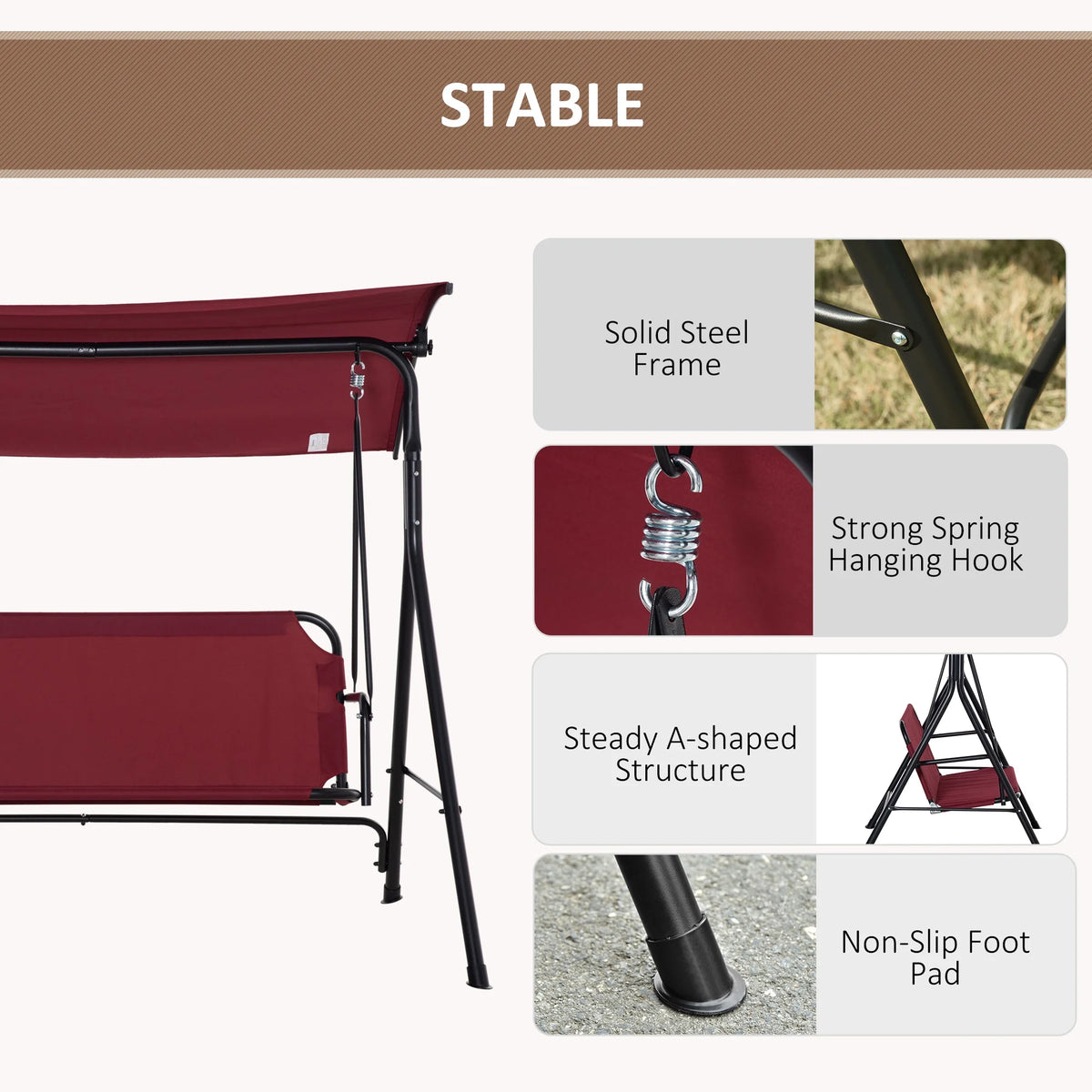 Red Steel Frame 3-Person Porch Swing with Stand E789235