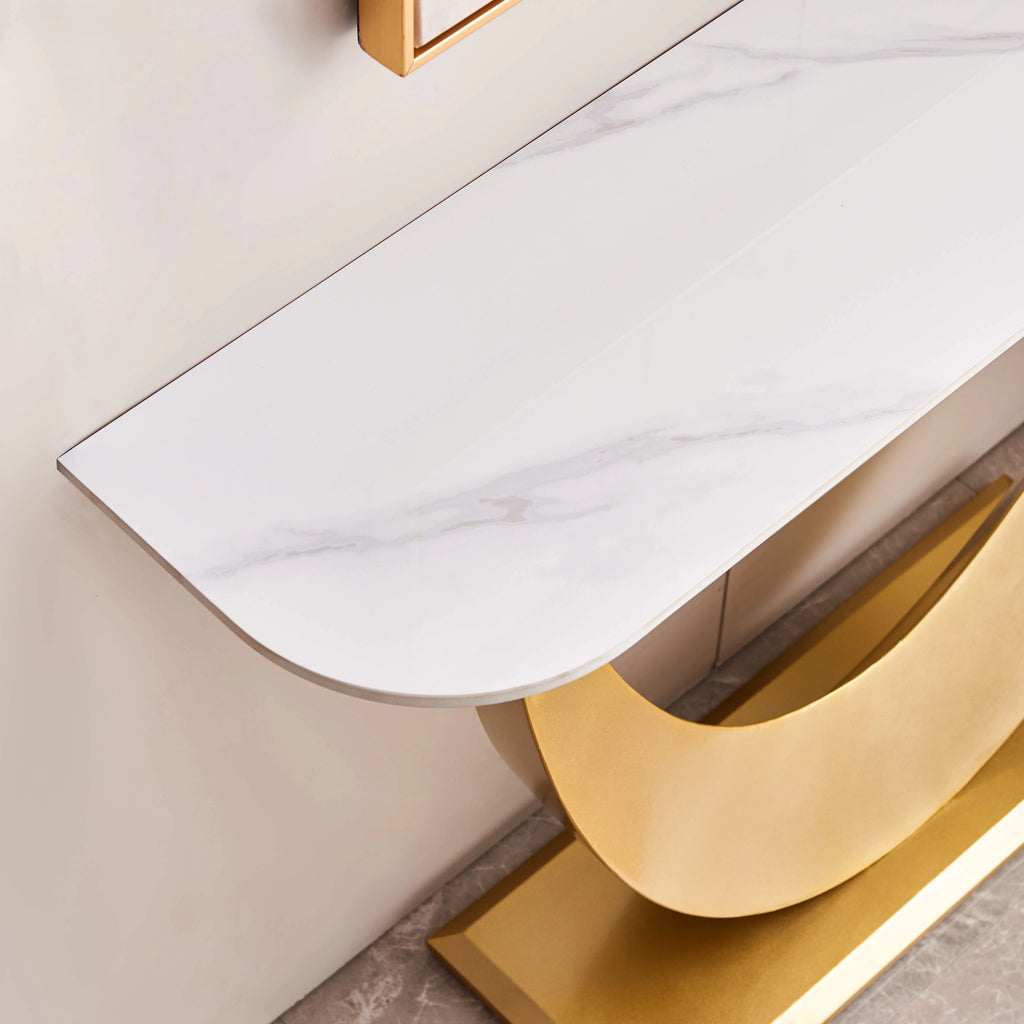 White & Gold Console Table with Marbling Top and Metal Base A5890