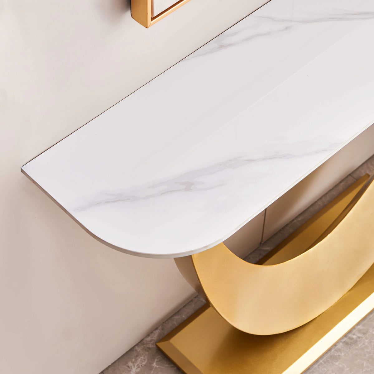 White & Gold Console Table with Marbling Top and Metal Base A5890