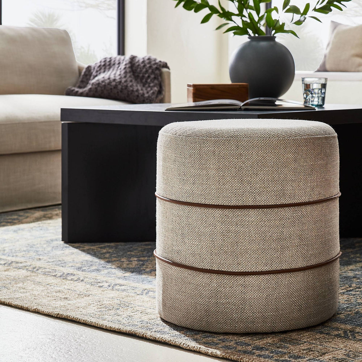 Cream Round Ottoman with Leather Piping Q384183